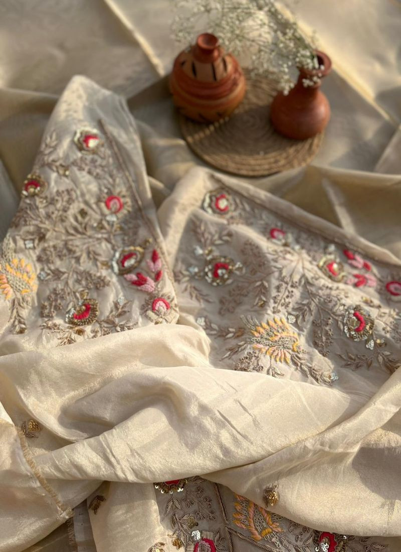 Kora Zari Tissue Silk saree in Off White