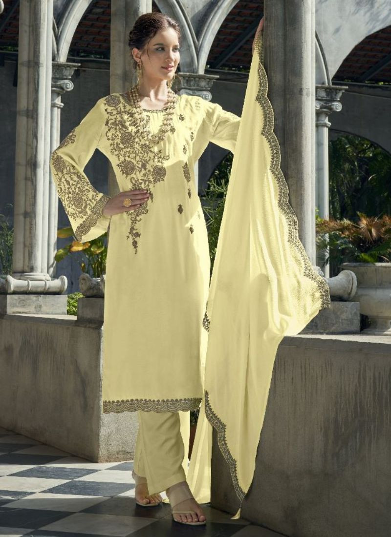 Pure Viscose Muslin Suit Set in Pastel Yellow