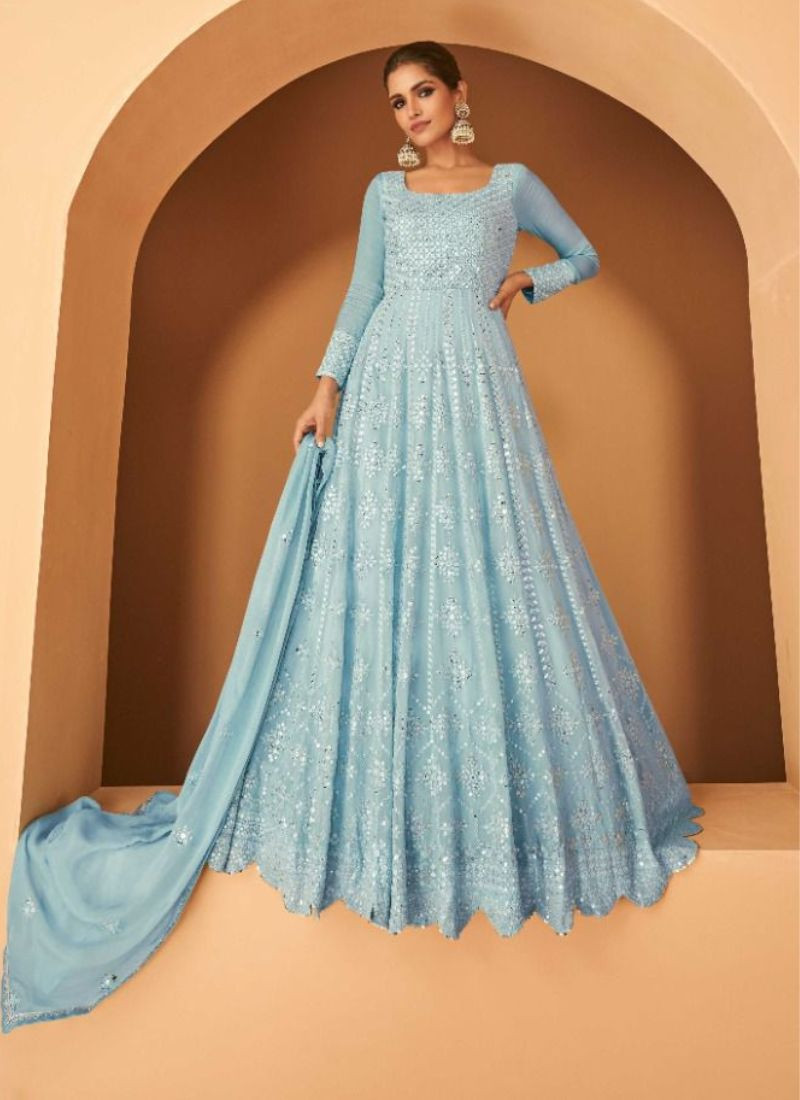 Embroidered Real Georgette Gown in Light Blue