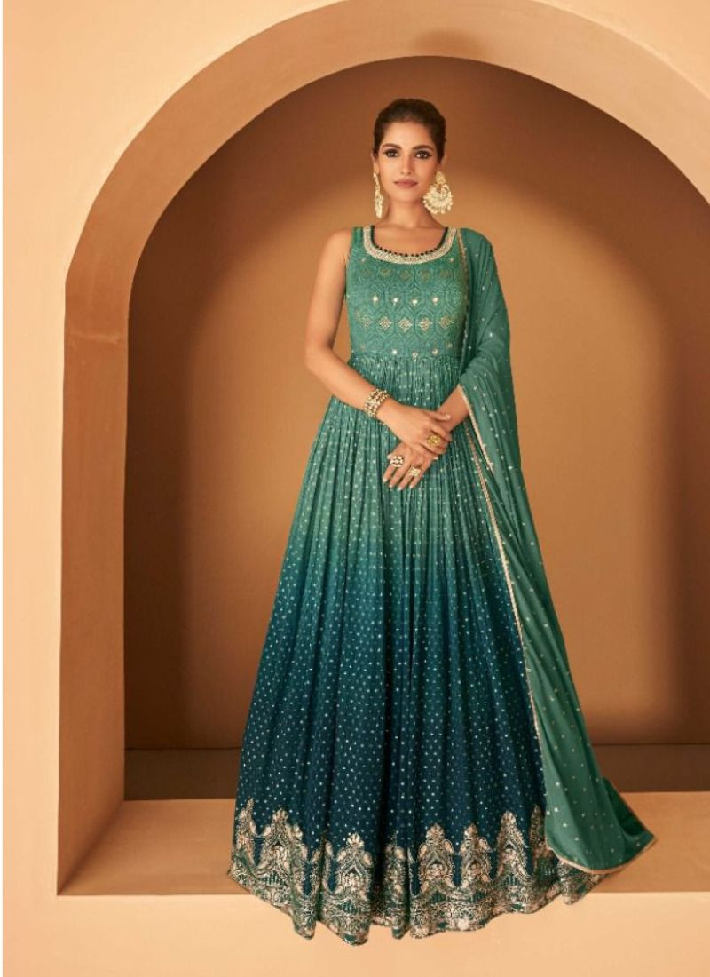Embroidered Real Georgette Gown in Teal Green