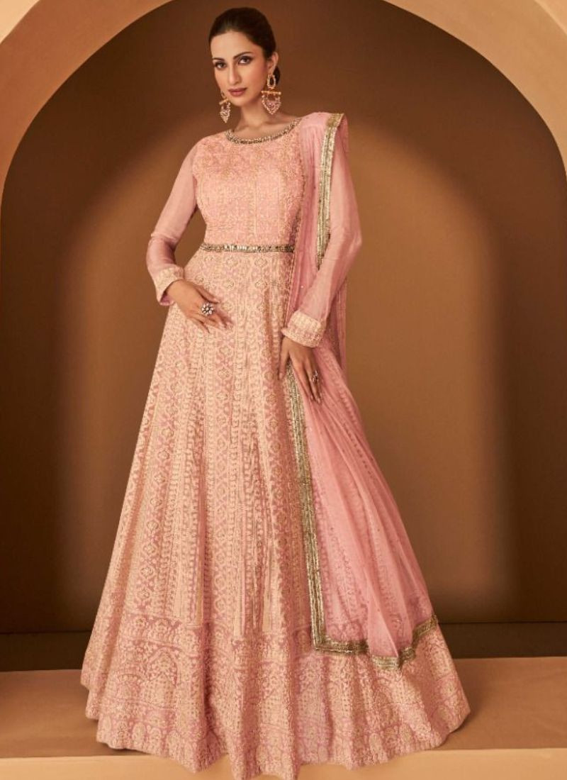 Embroidered Real Georgette Gown in Light Pink