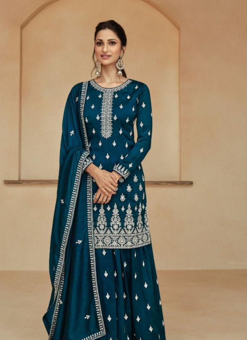 Embroidery Premium Silk Kurta Set in Teal Blue