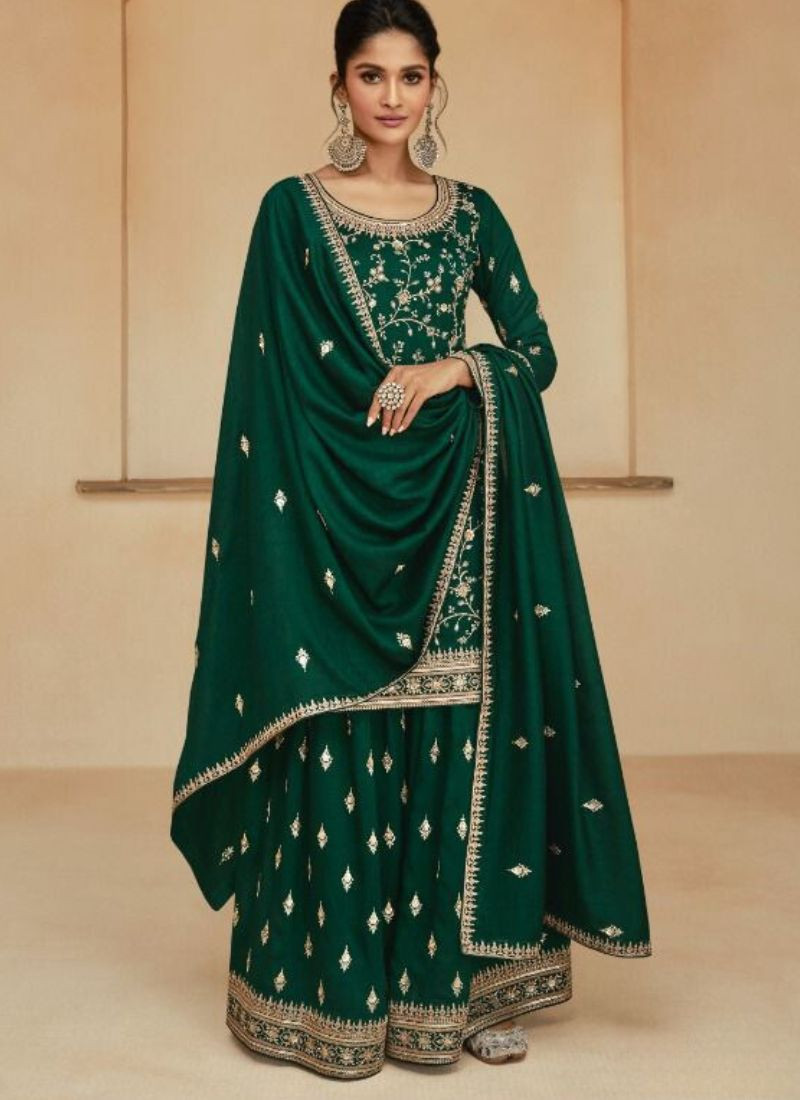 Embroidery Premium Silk Kurta Set in Dark Green