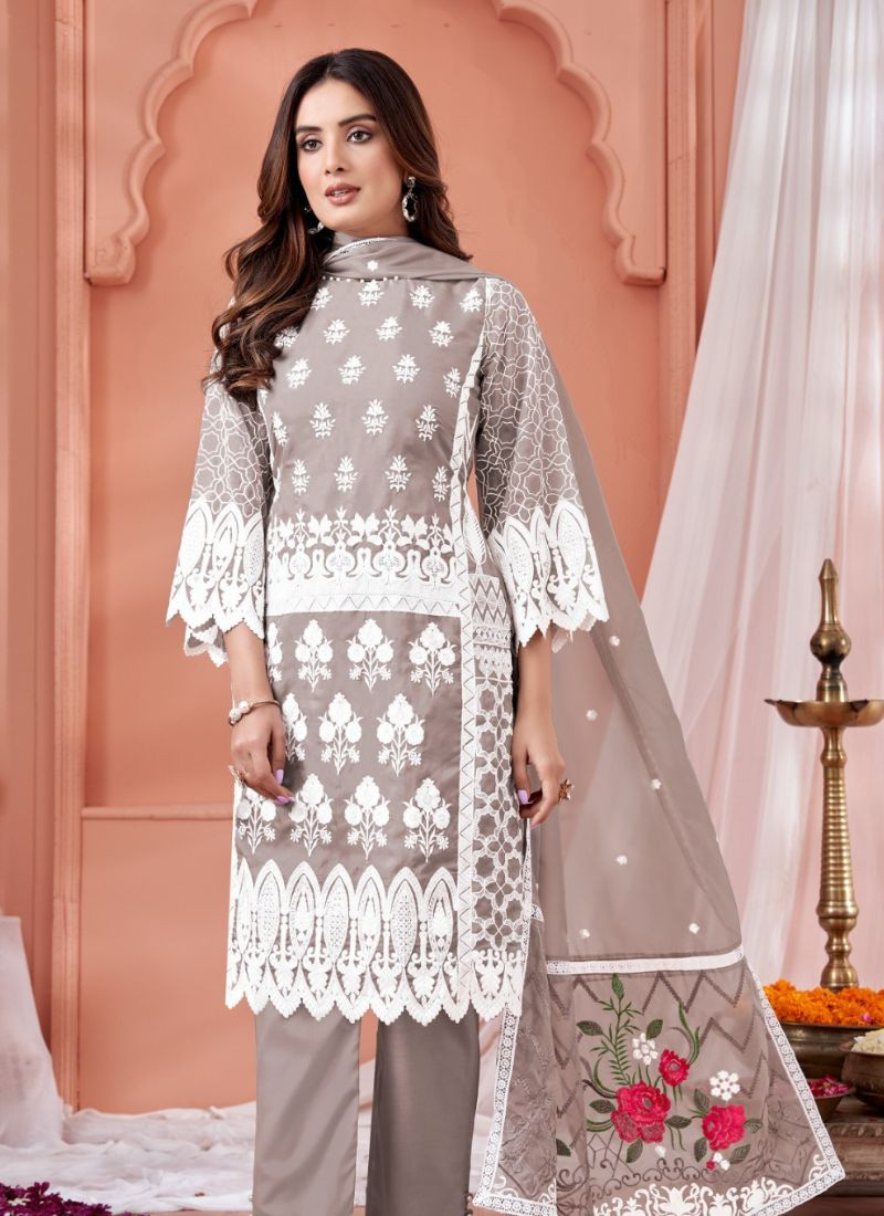 Embroidered  Soft Organza Suit Set in Light Grey