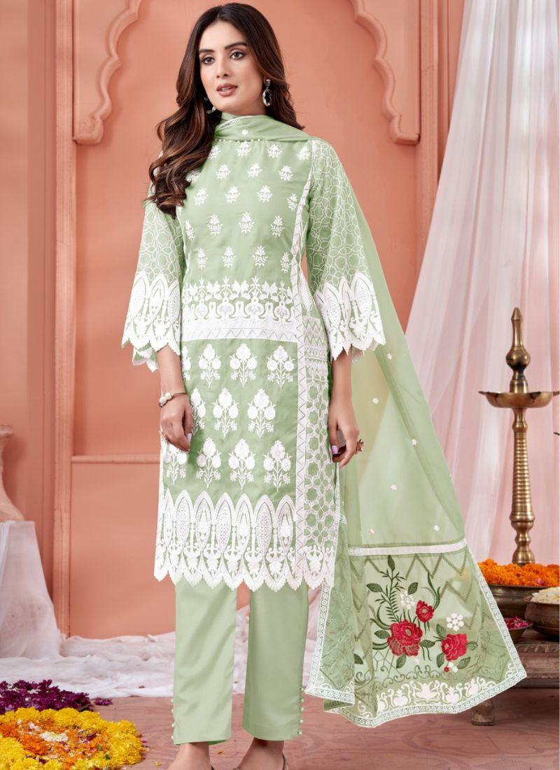 Embroidered  Soft Organza Suit Set in Light Green