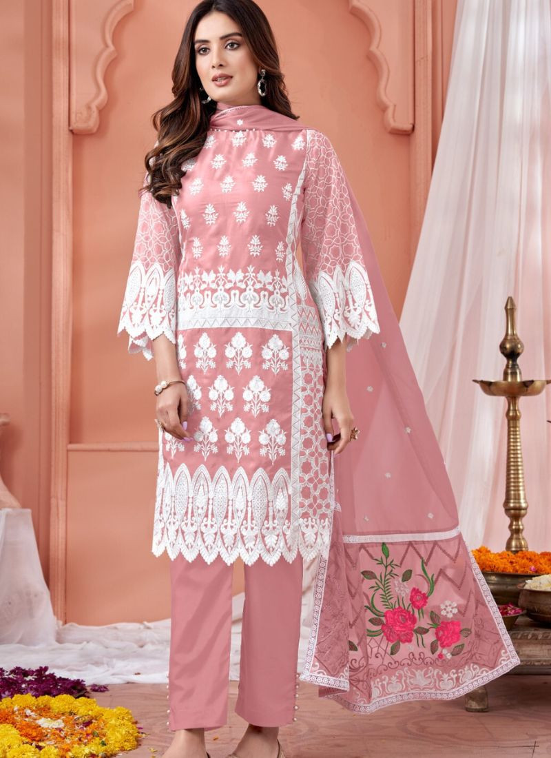 Embroidered  Soft Organza Suit Set in Peach