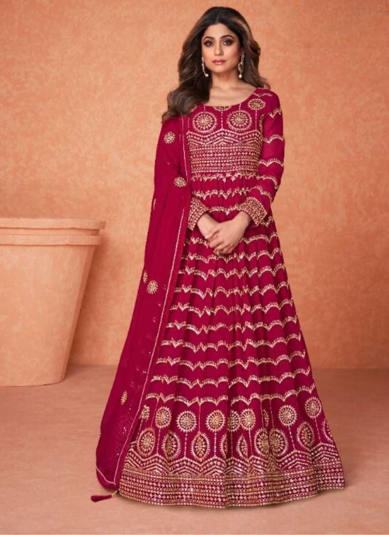 Embroidered Real Georgette Gown in Red