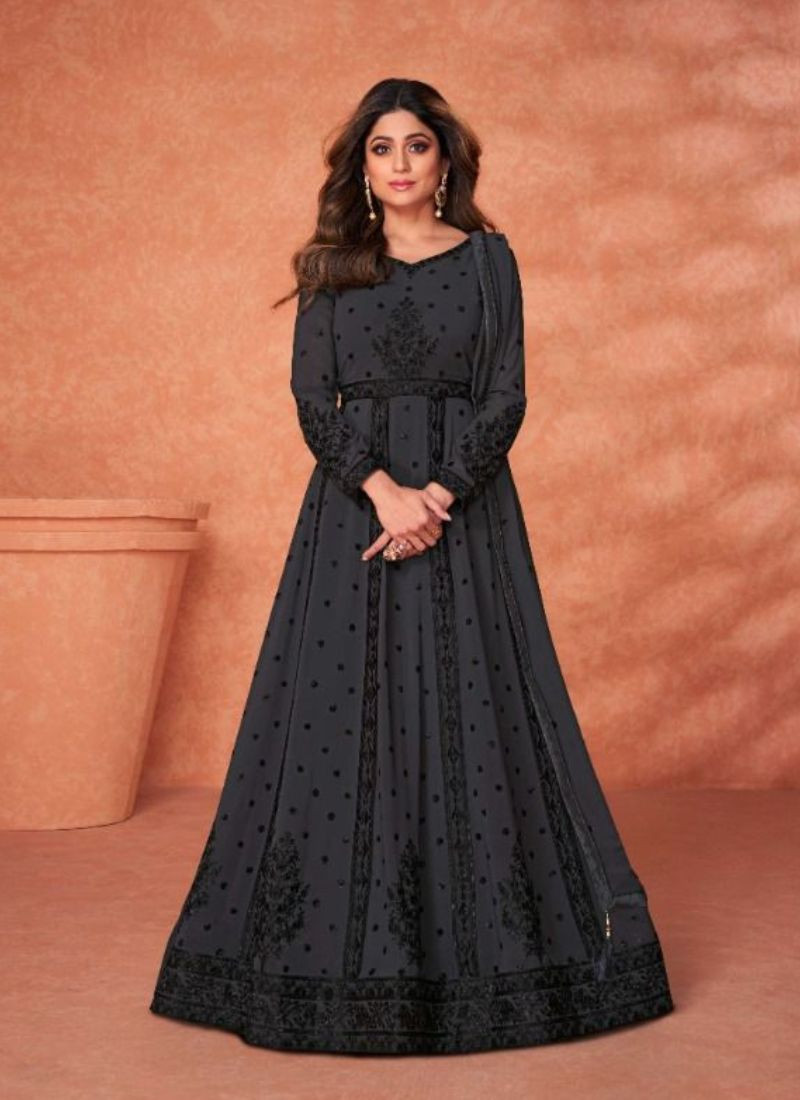 Embroidered Real Georgette Gown in Black