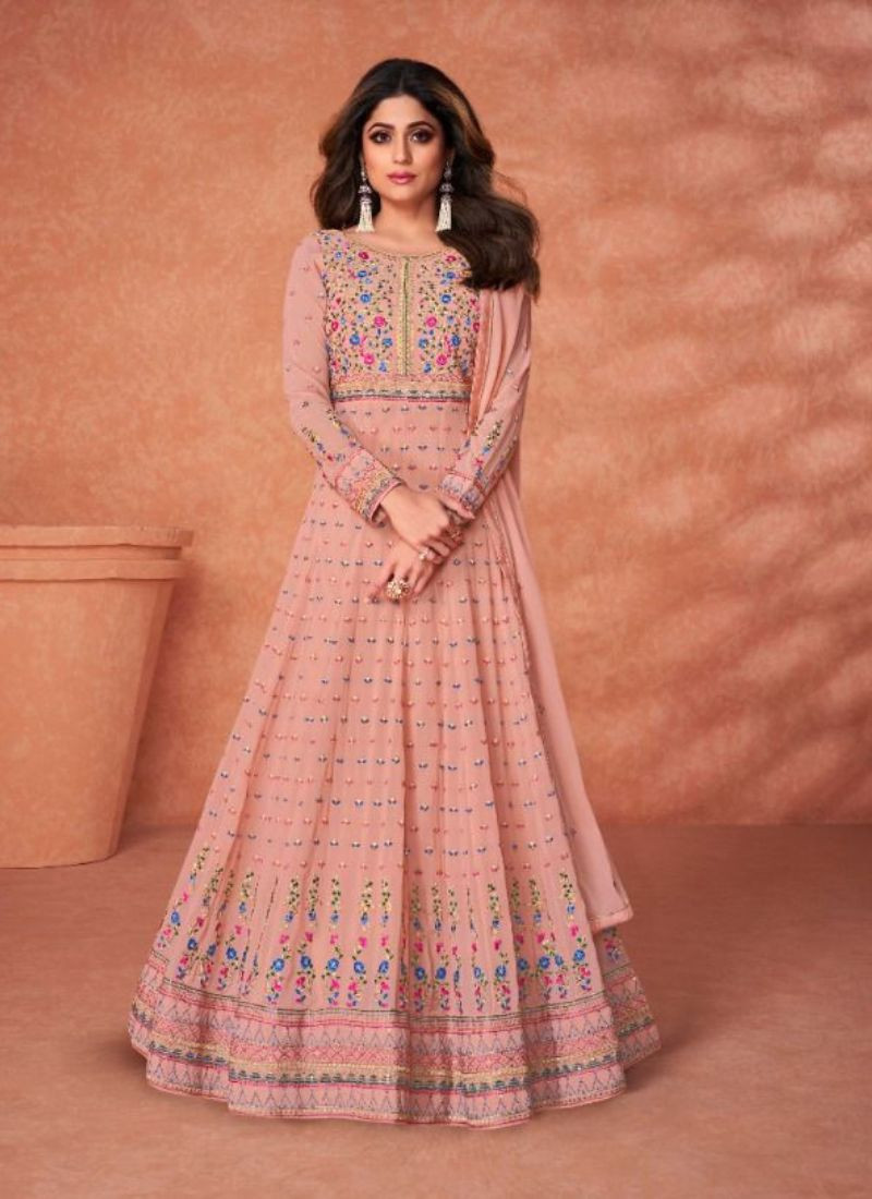 Embroidered Real Georgette Gown in Pink