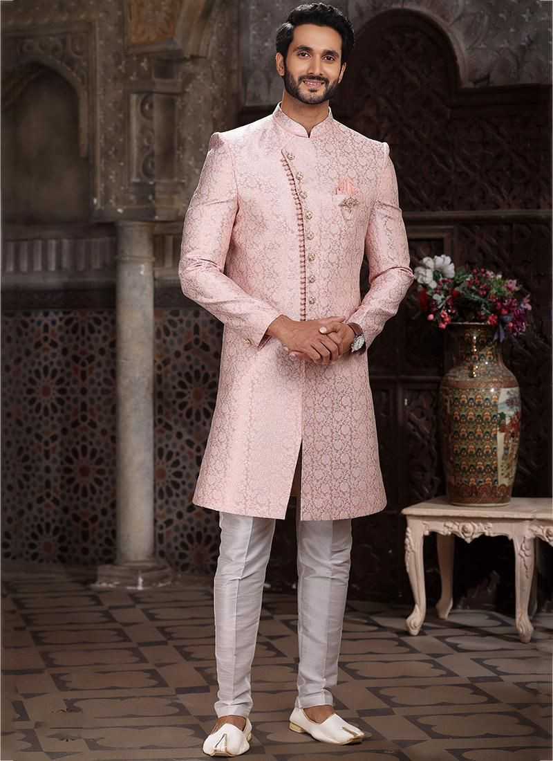 Jacquard Banarasi Silk Kurta Set in Pink