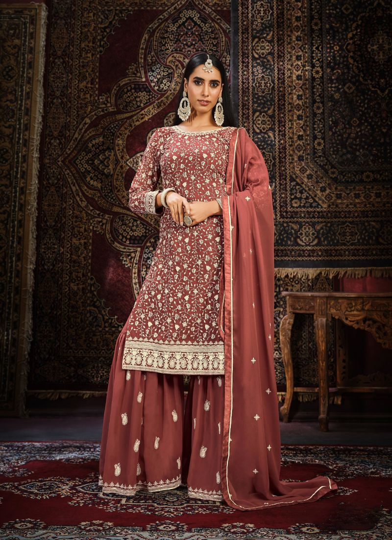 Faux Georgette Suit Set in Rust Red