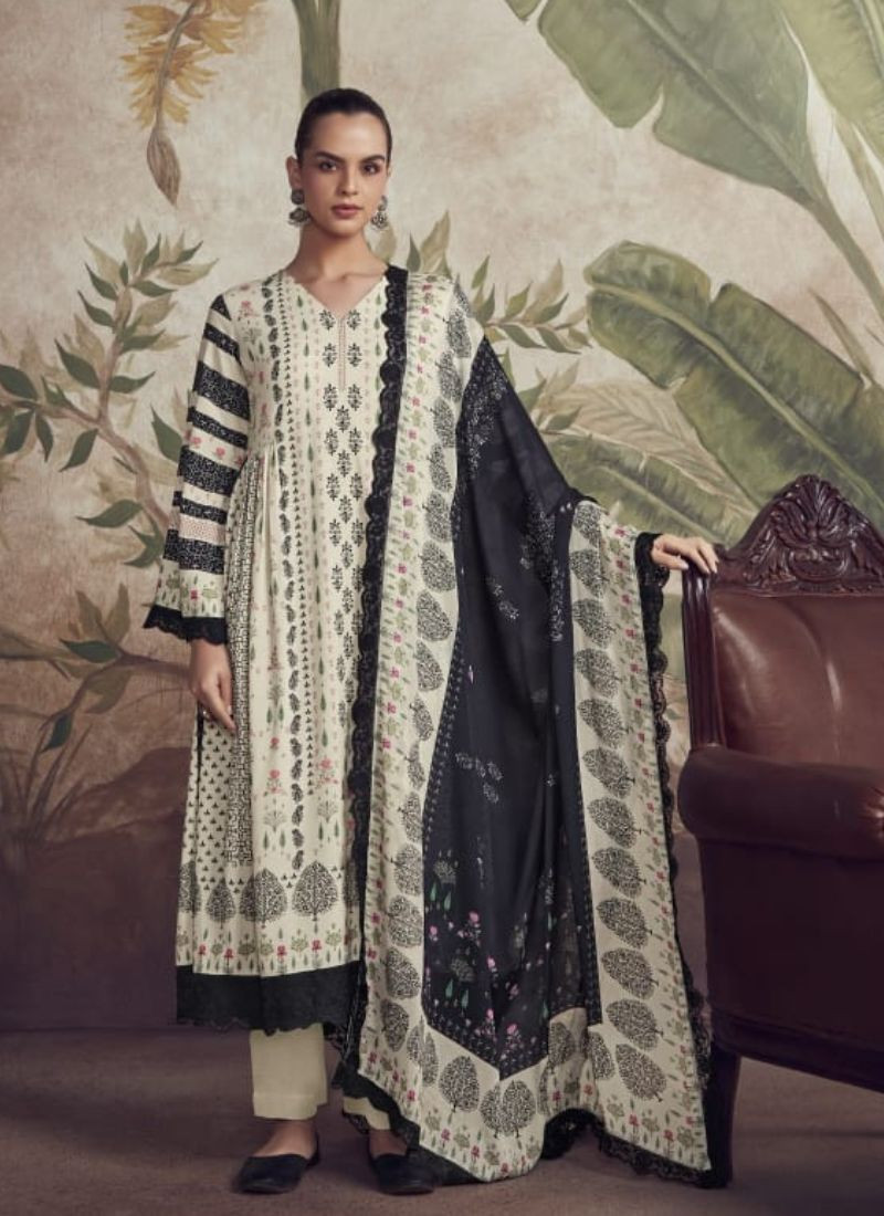 Digital Printed Embroidery Muslin Suit Set in Off-White