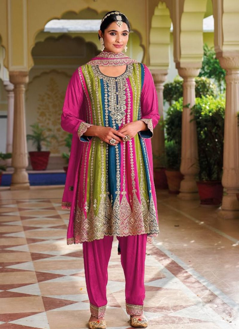 Embroidered Blooming Chinon Suit Set Hot Pink