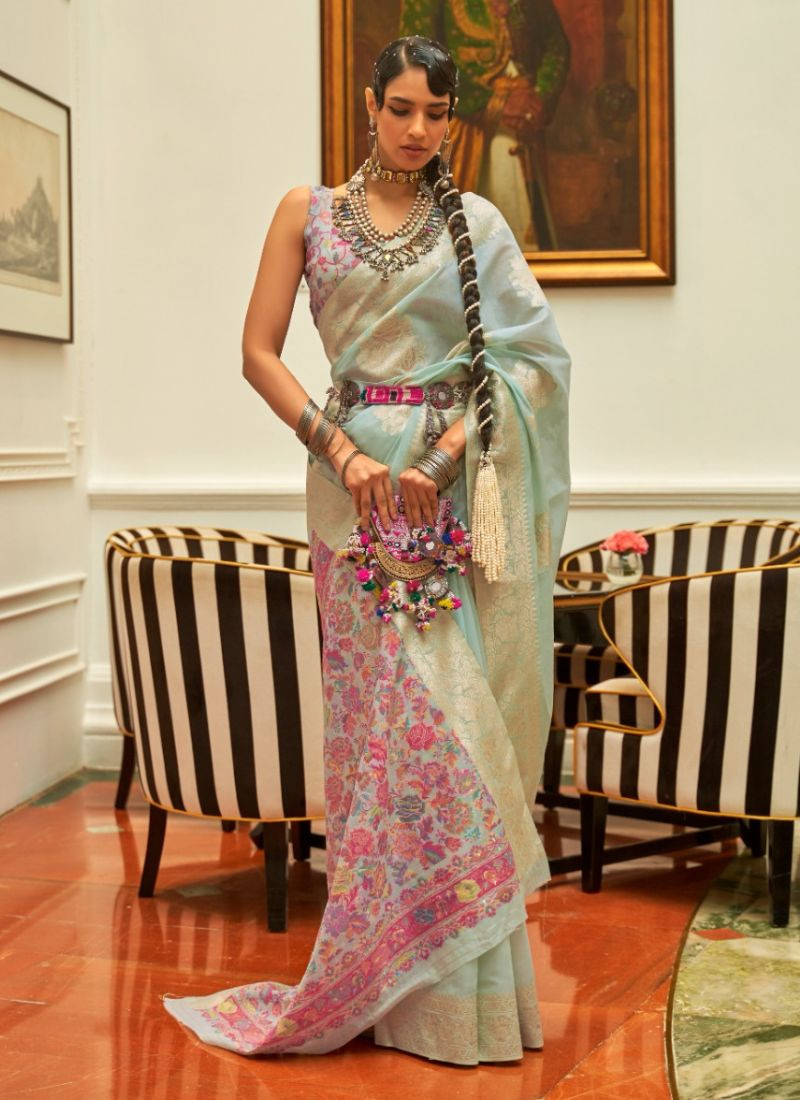 Handloom Weaving Pashmina Silk Saree in Light blue
