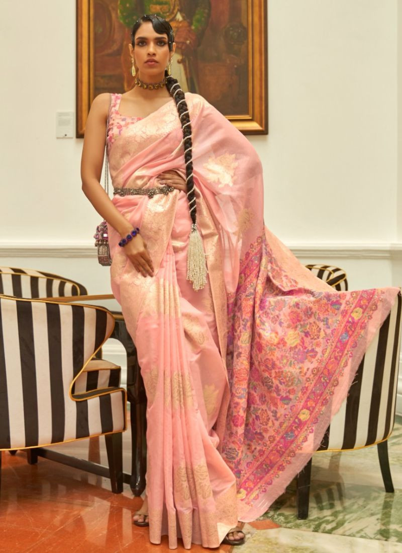 Handloom Weaving Pashmina Silk Saree in Clay