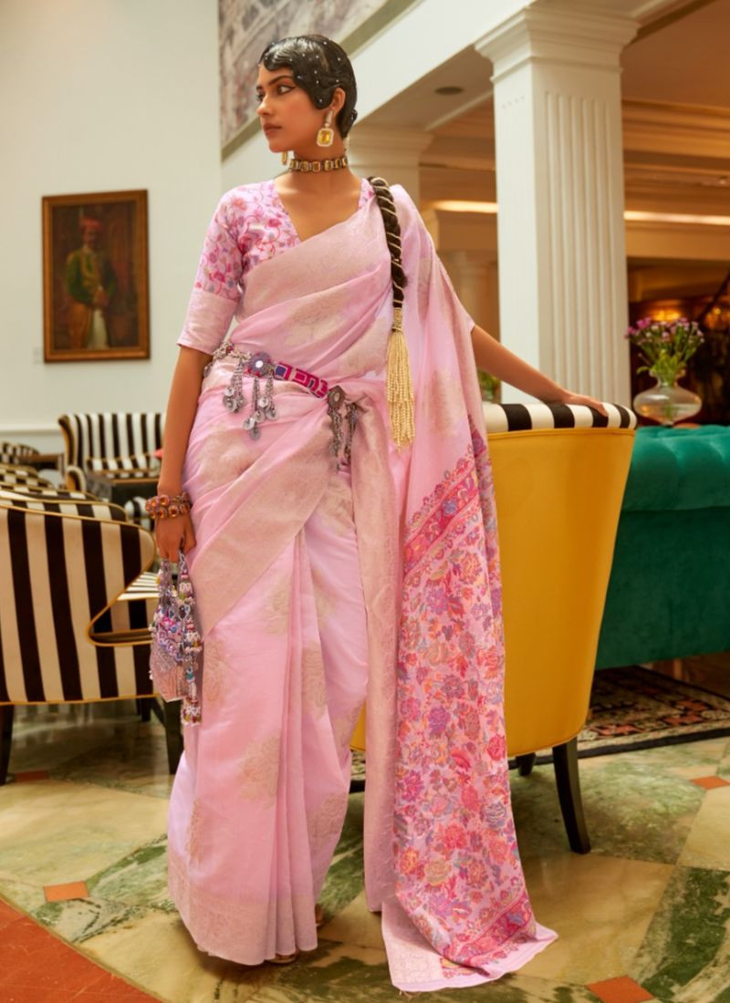 Handloom Weaving Pashmina Silk Saree in Baby Pink
