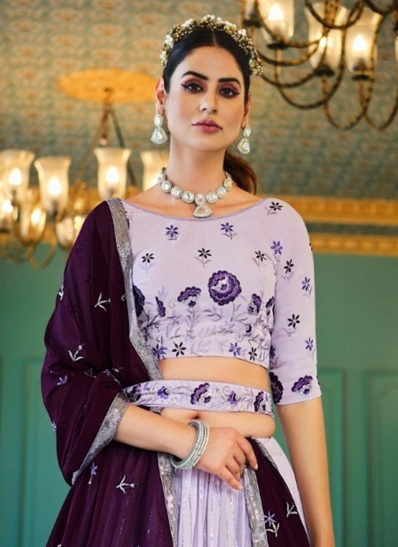 Embroidered Semi Stitched Velvet Lehenga Choli in Lavender