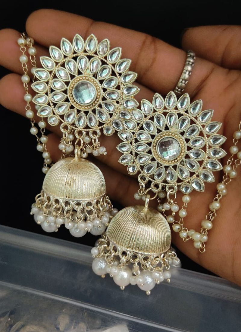 White Stone Beaded Jhumka Style Earrings