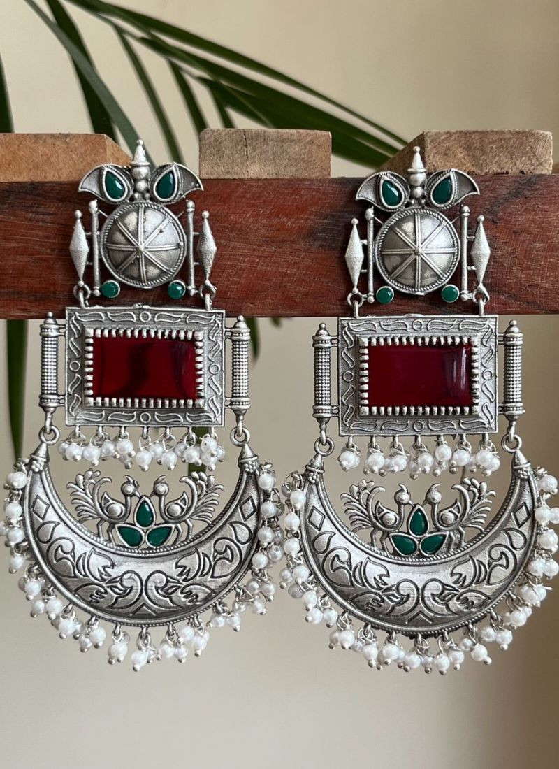 Beaded Oxidised Stone Earrings