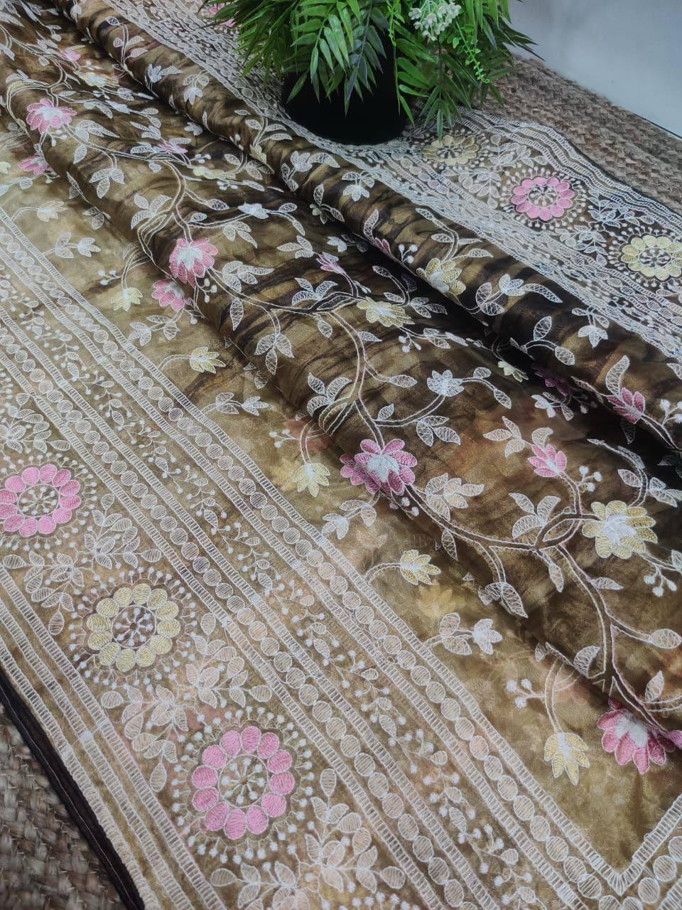 Organza Saree With Kashmiri Thread Work in Brown