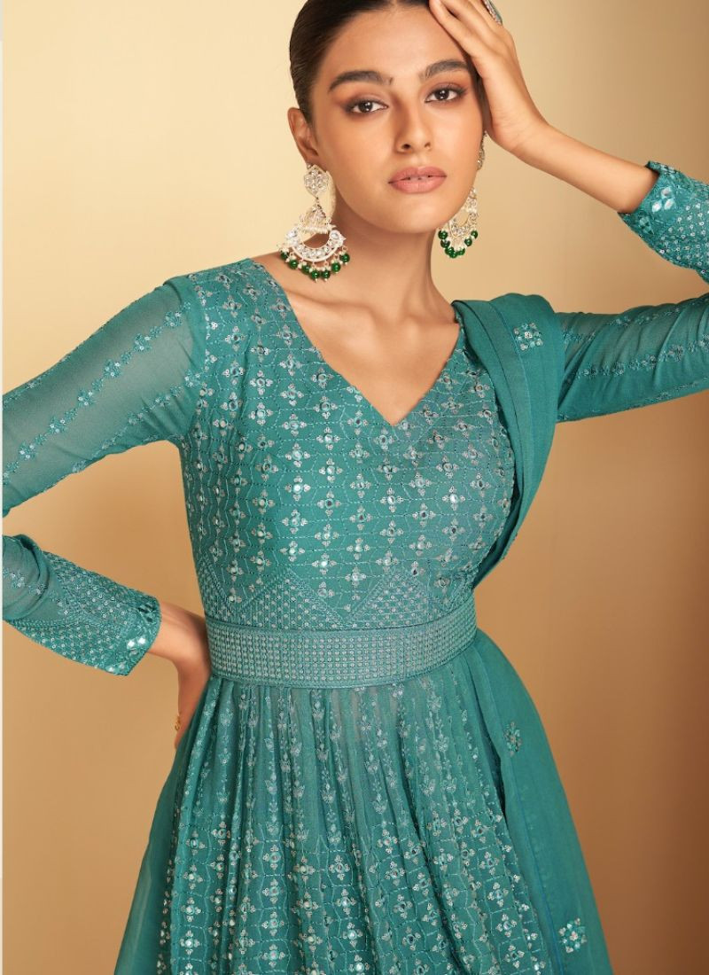 Embroidered Real Georgette Kurta-Skirt Set in Teal