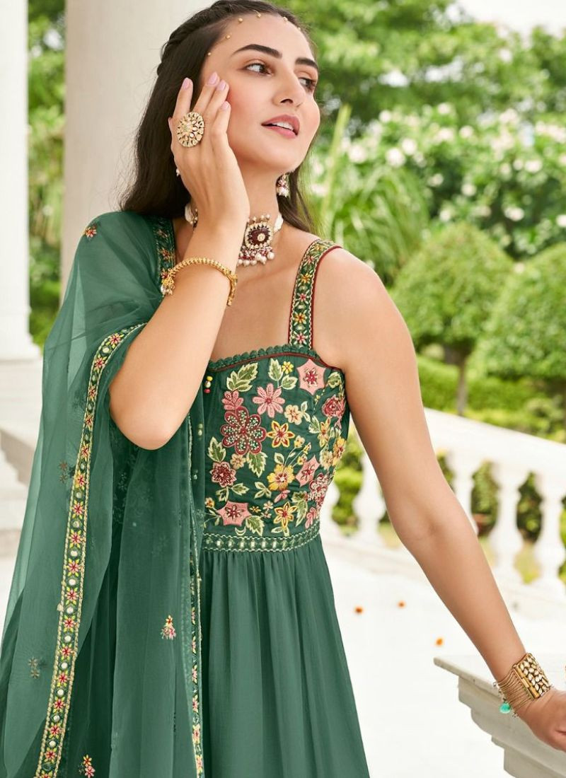 Pure Viscose Satin Silk Sharara Set in Green