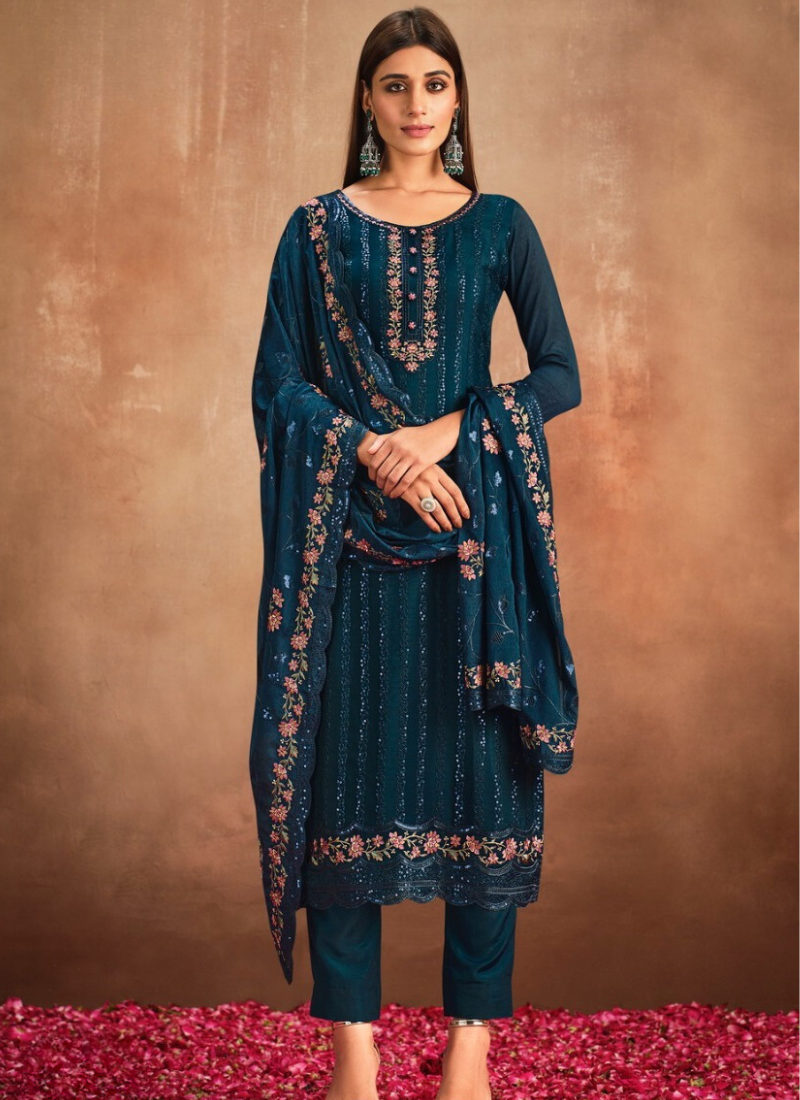Embroidered Chinon Silk Kurta-Pant Set in Teal Blue