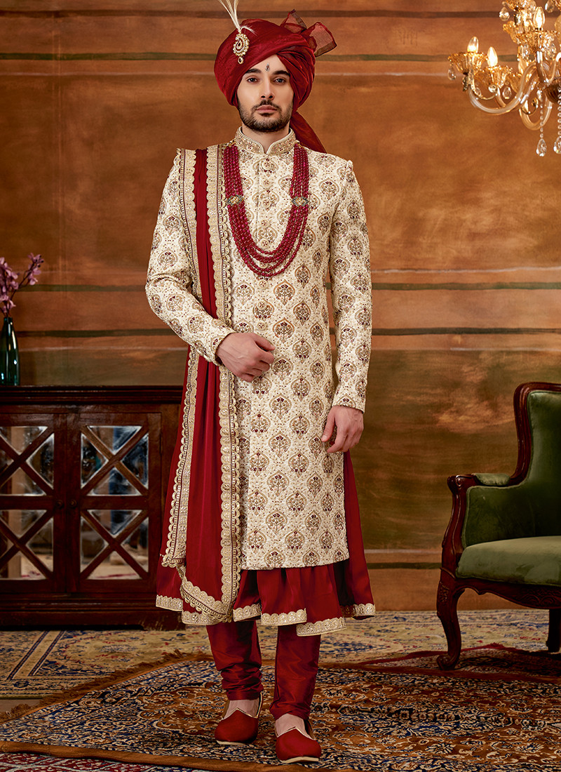 Wedding Wear Art Silk Anarkali Sherwani In Cream Maroon