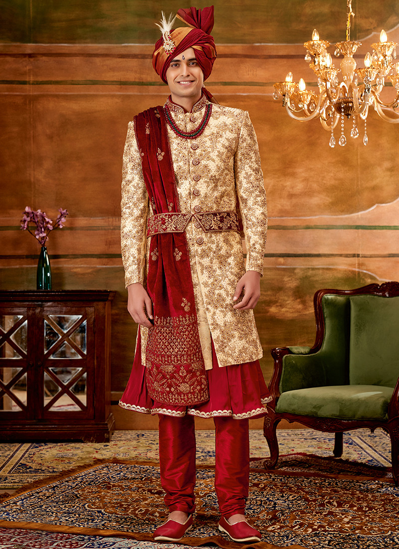 Wedding Wear Art Silk Anarkali Sherwani In Goldden And Maroon