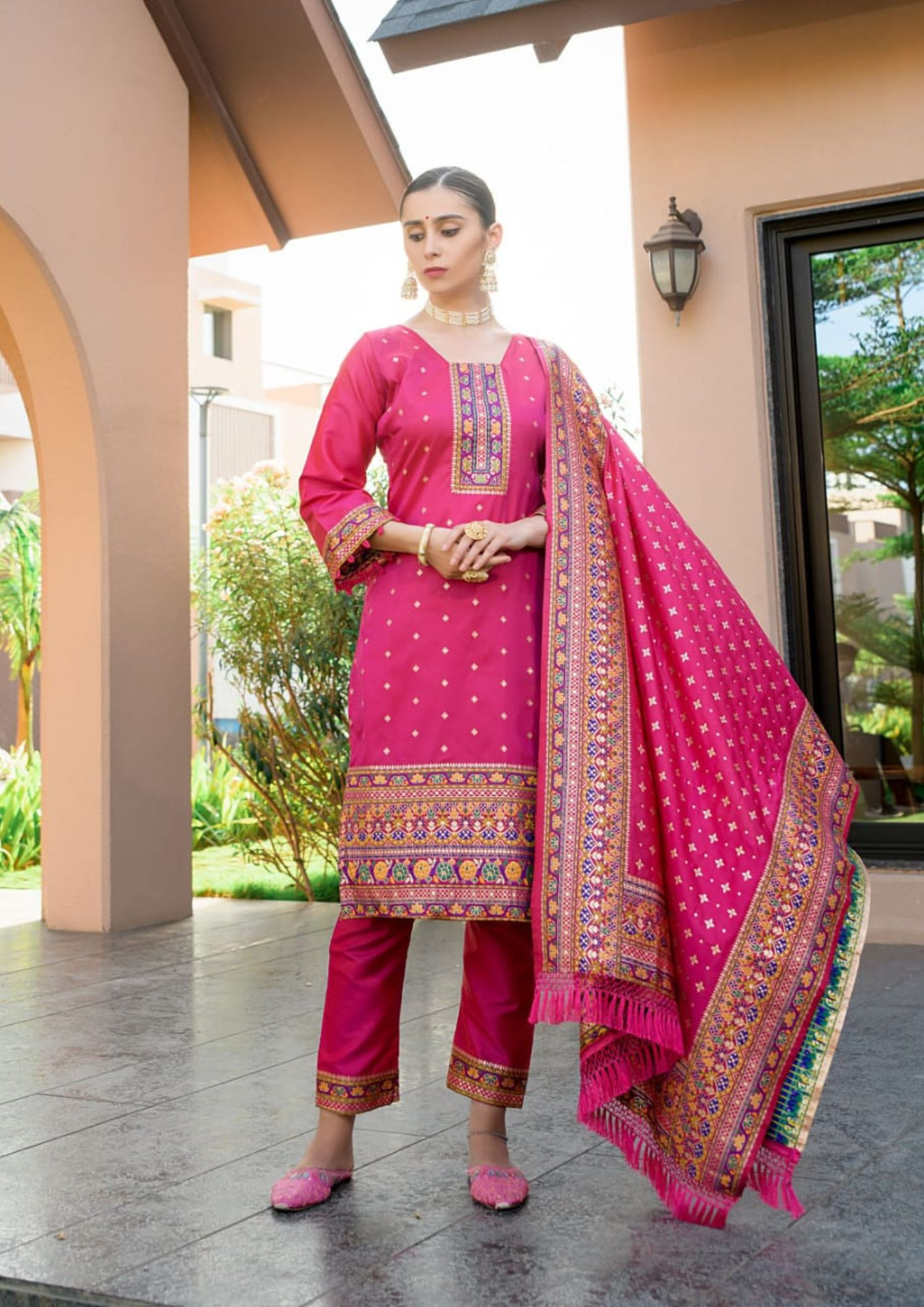 Banarasi Silk With Zari Work Suit Set in Pink