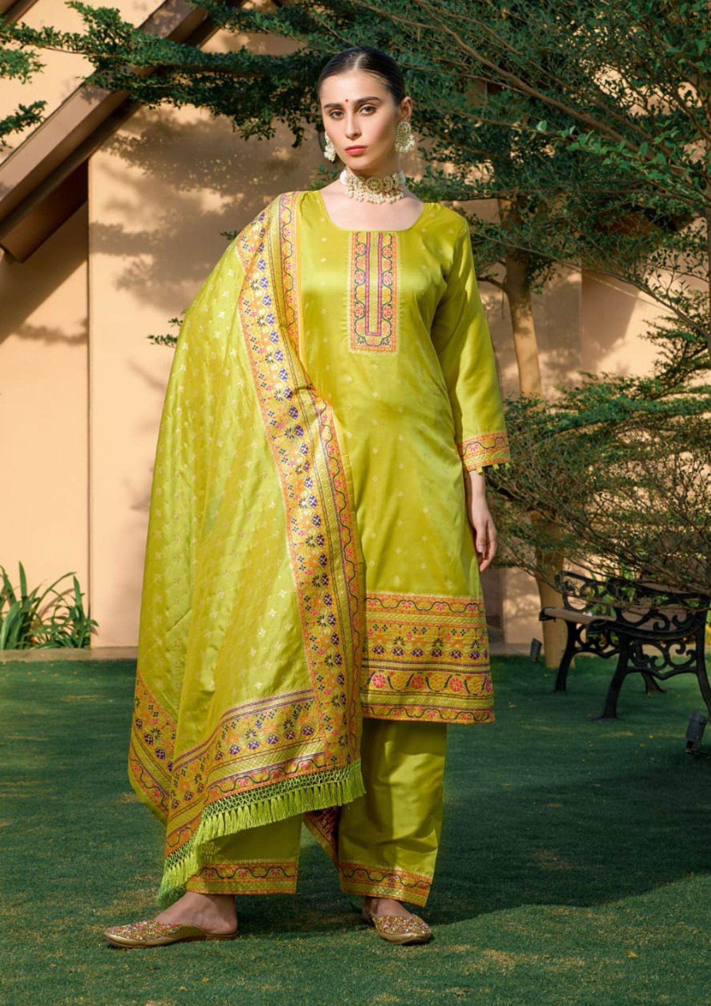 Banarasi Silk With Zari Work Suit Set in Yellow Green