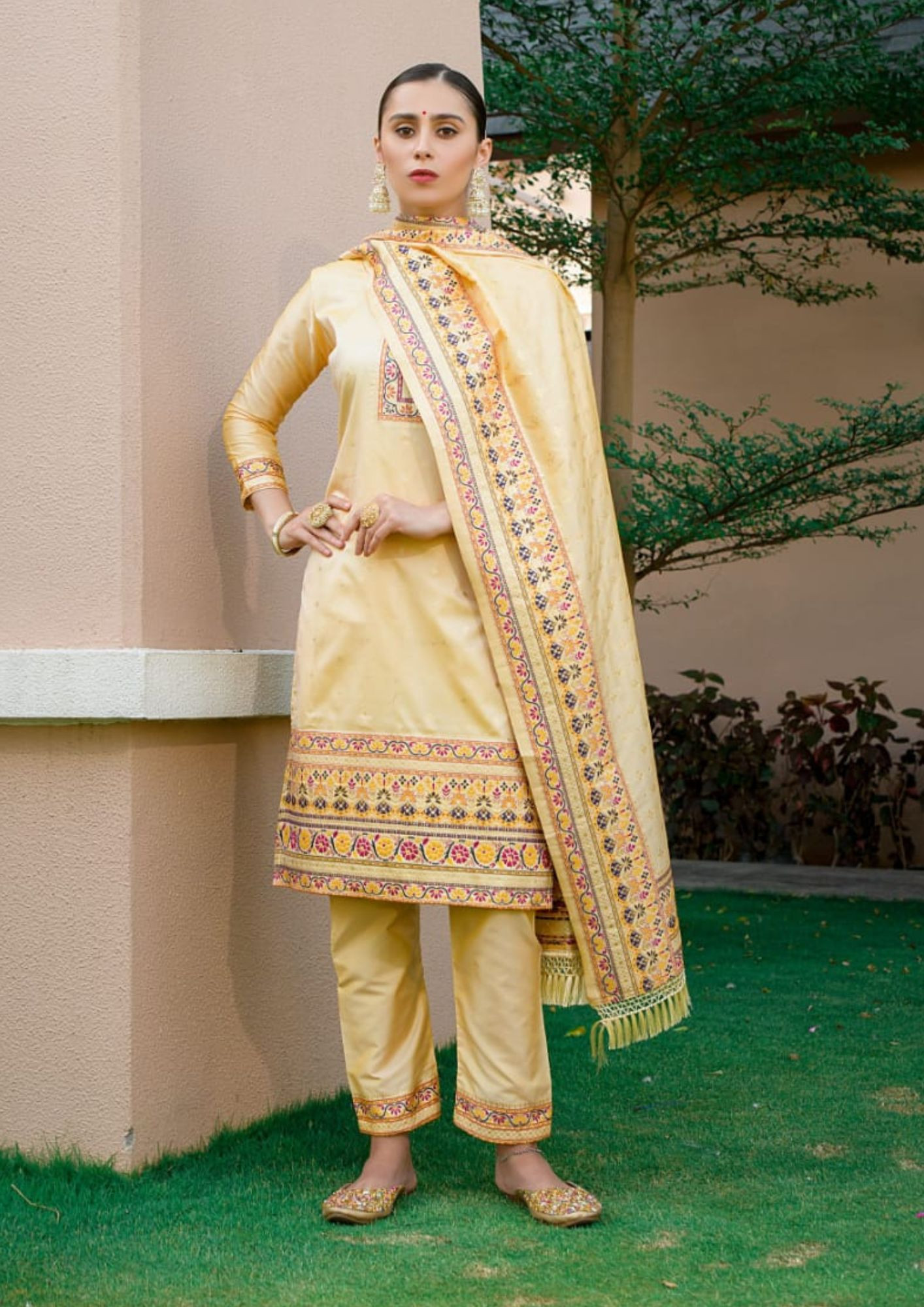 Banarasi Silk With Zari Work Suit Set in Beige