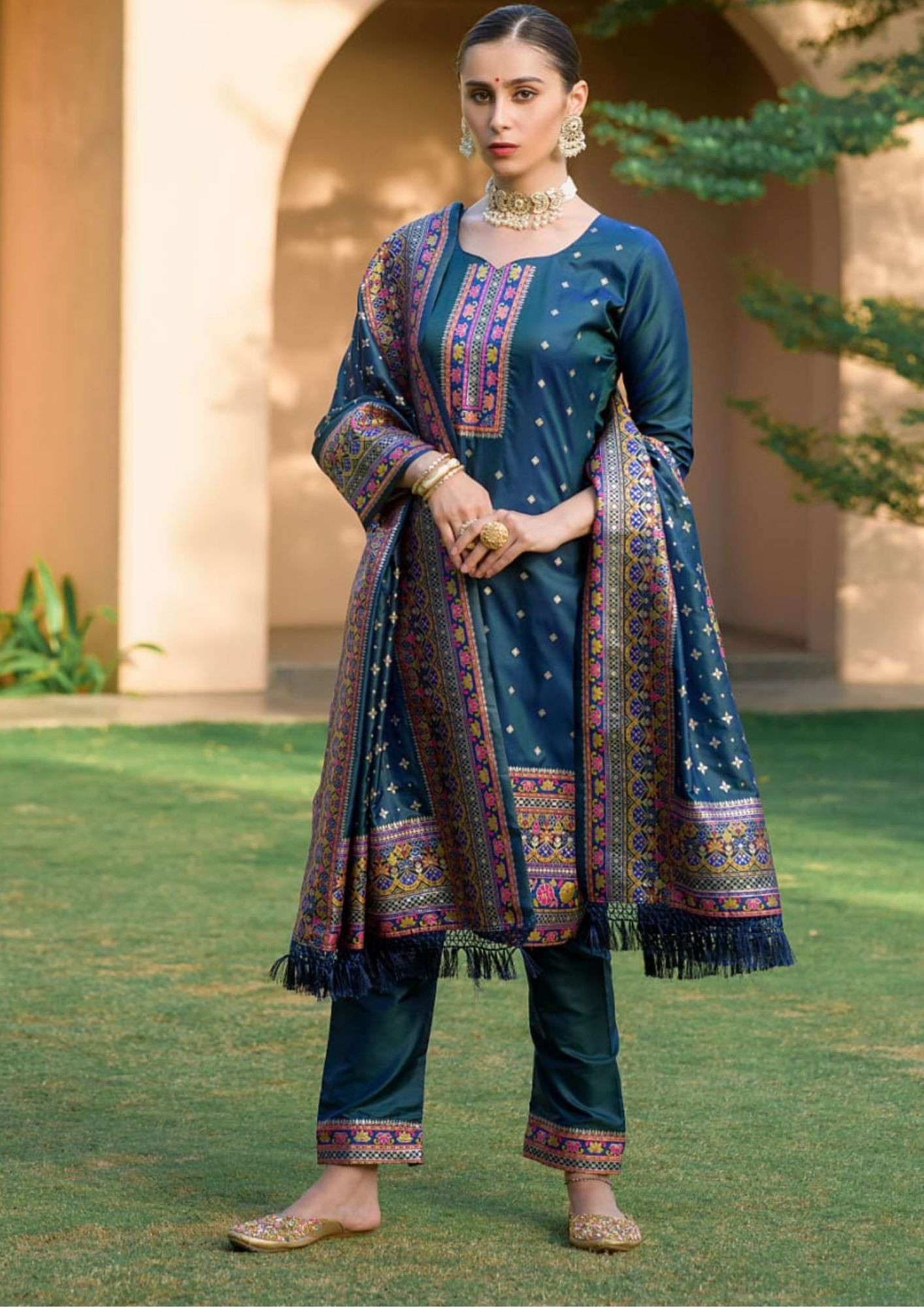 Banarasi Silk With Zari Work Suit Set in Teal Blue