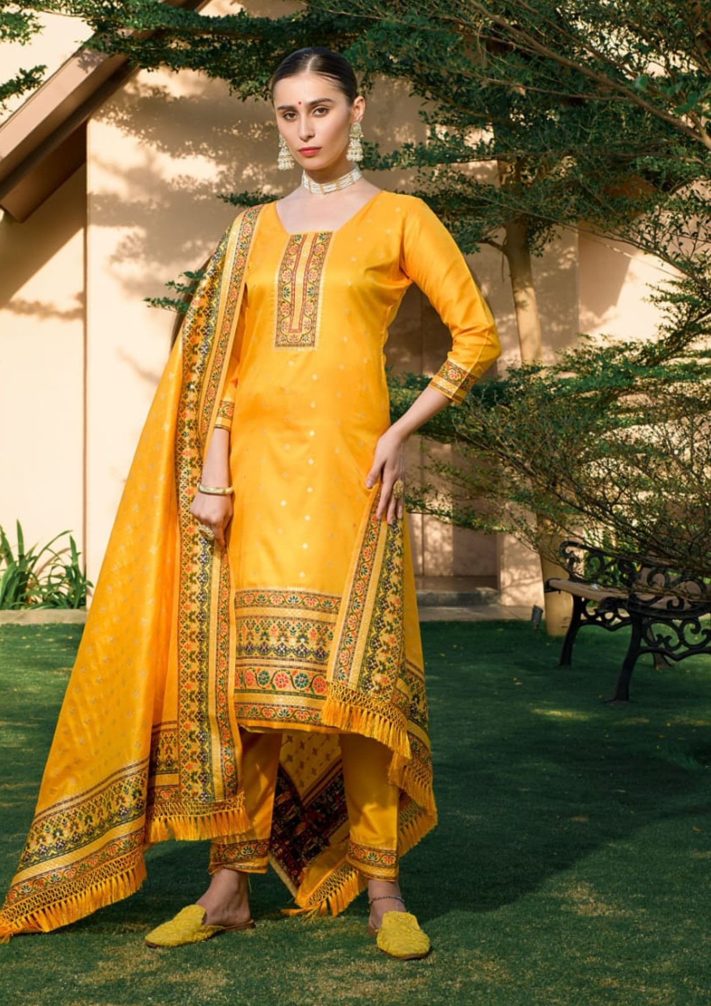 Banarasi Silk With Zari Work Suit Set in Yellow