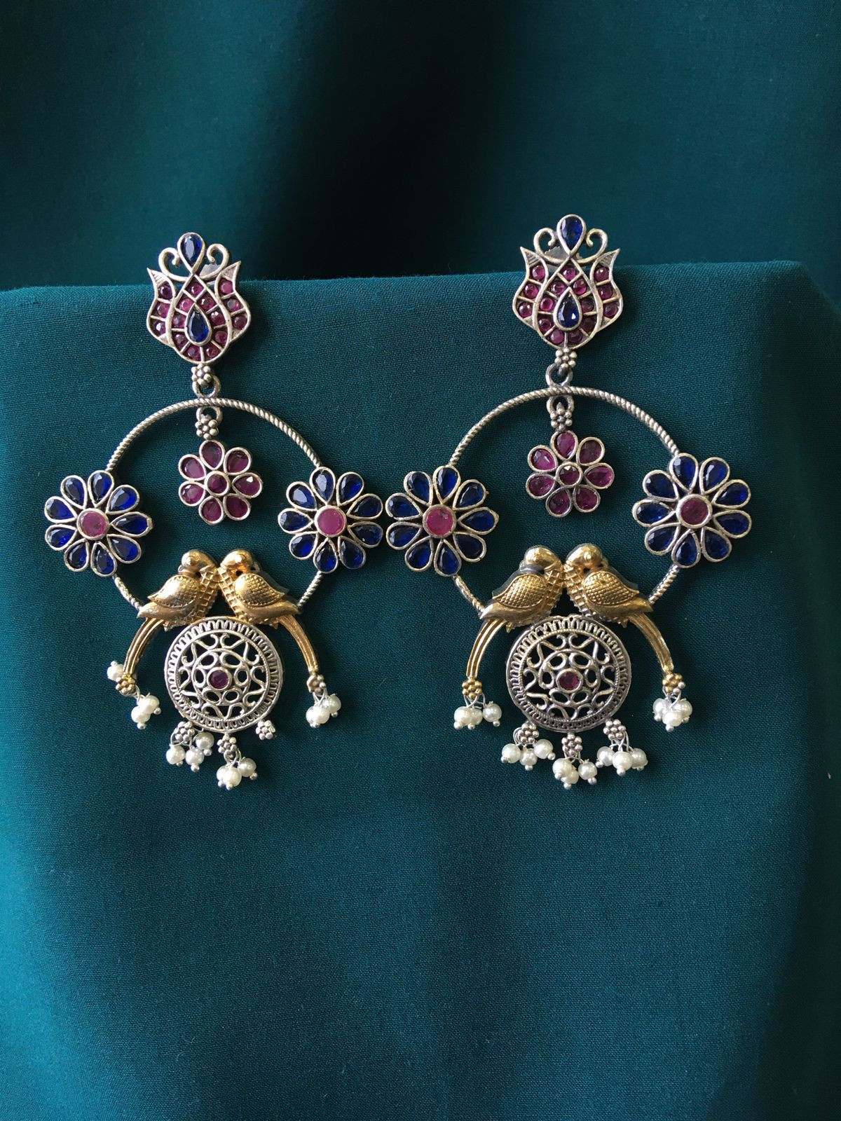 Beaded Stone Based Oxidized Earrings in Pink & Blue