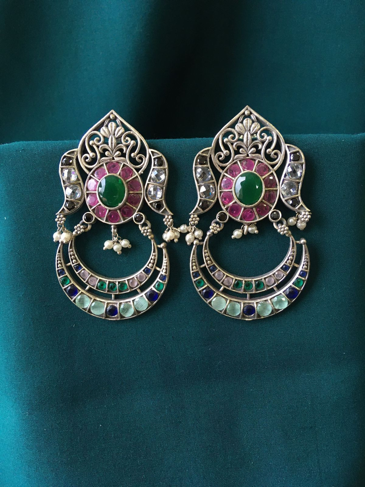 Stone Based Oxidized Earrings in Green & Pink