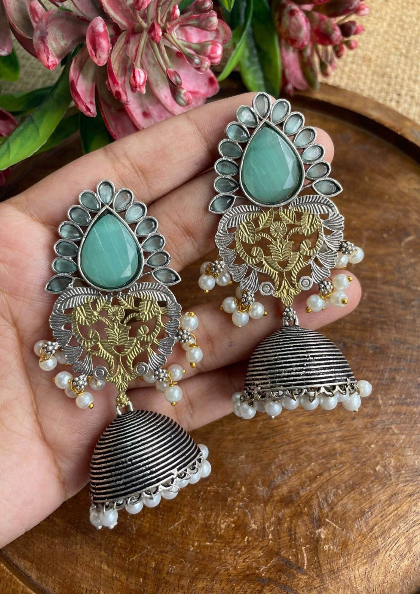 Stone Based Oxidized Jhumka Style Earrings in Perl White
