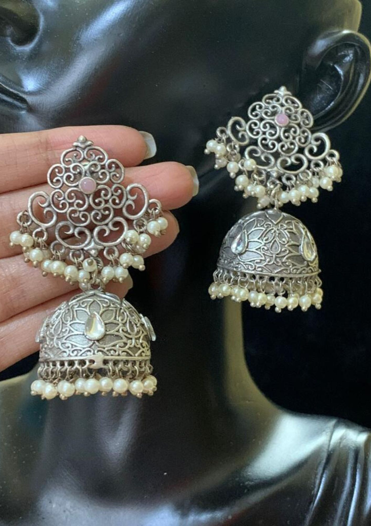 Beaded Oxidized Jhumka Style Earrings in Off White