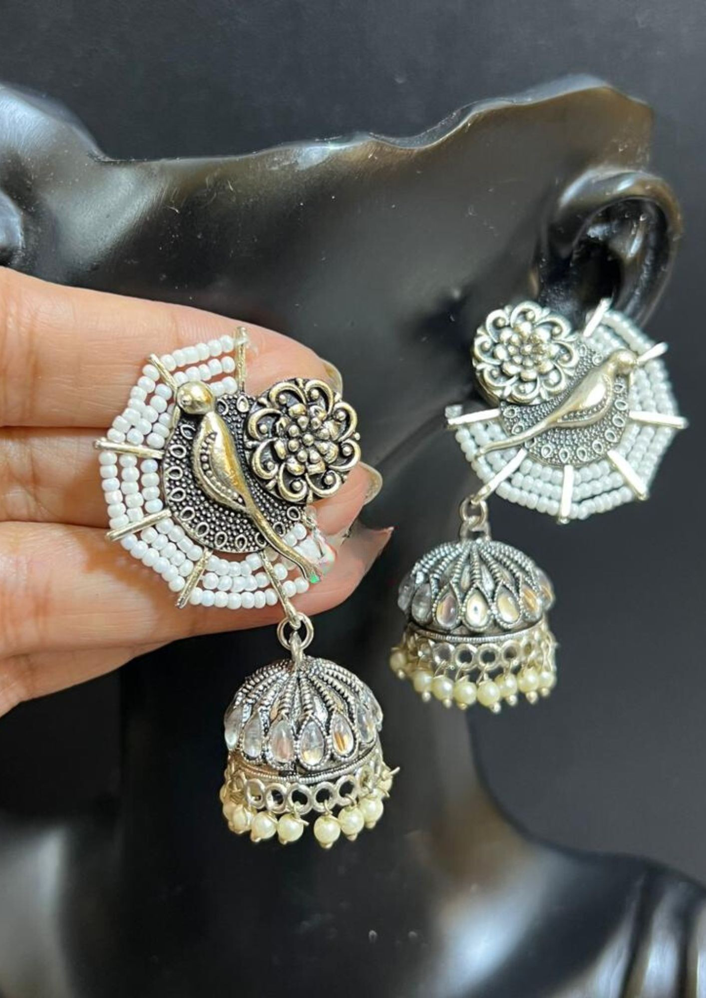 Stone Based Oxidized Jhumka Style Earrings in Off White
