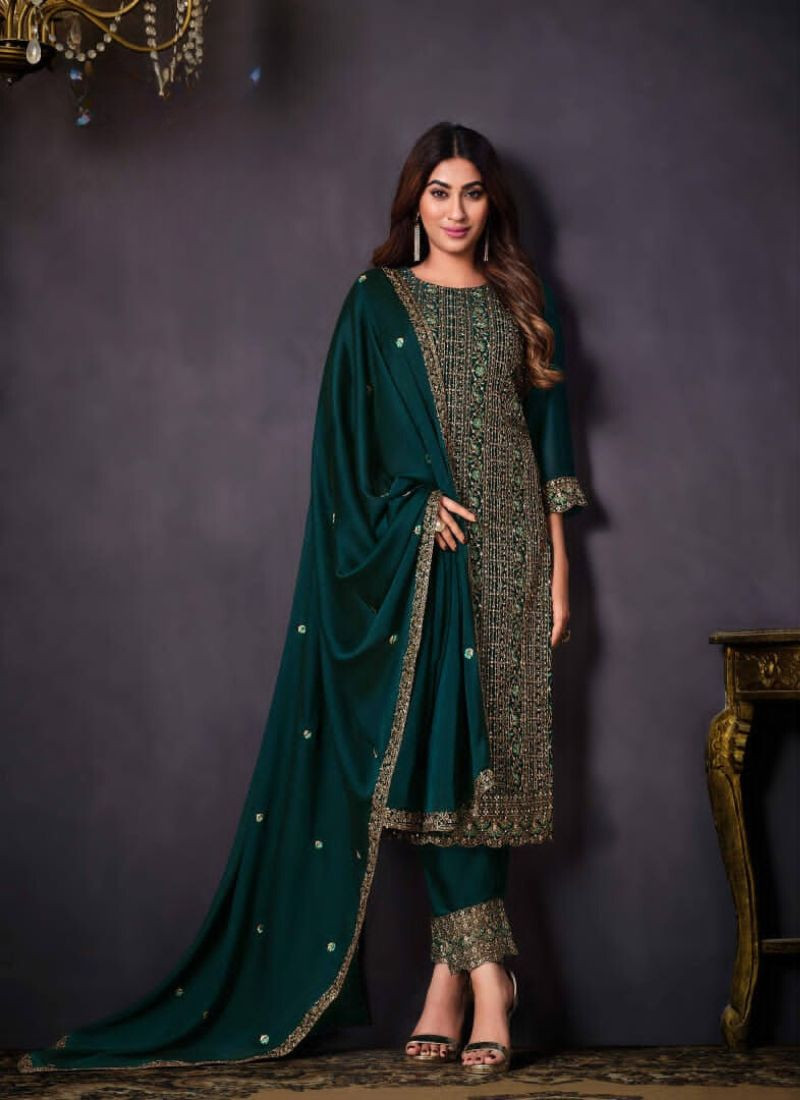Heavy Embroidery Swarovski Silk Suit in Teal Green