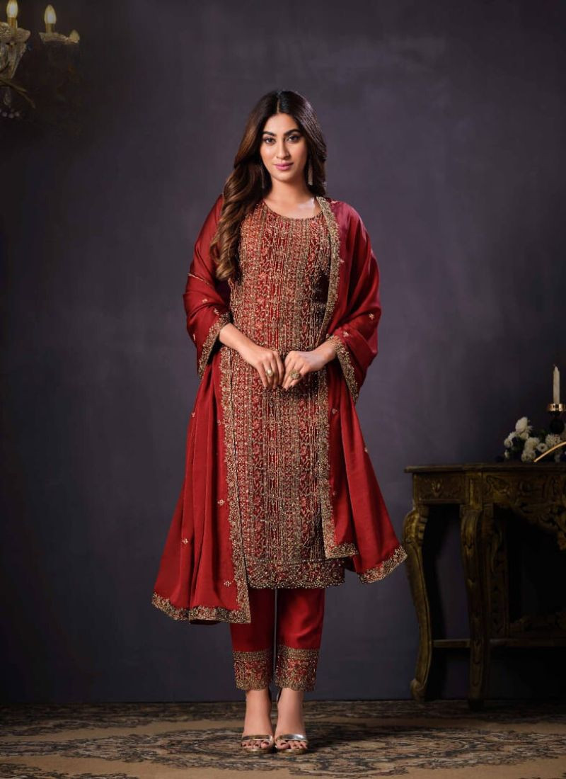 Heavy Embroidery Swarovski Silk Suit in Rust Red