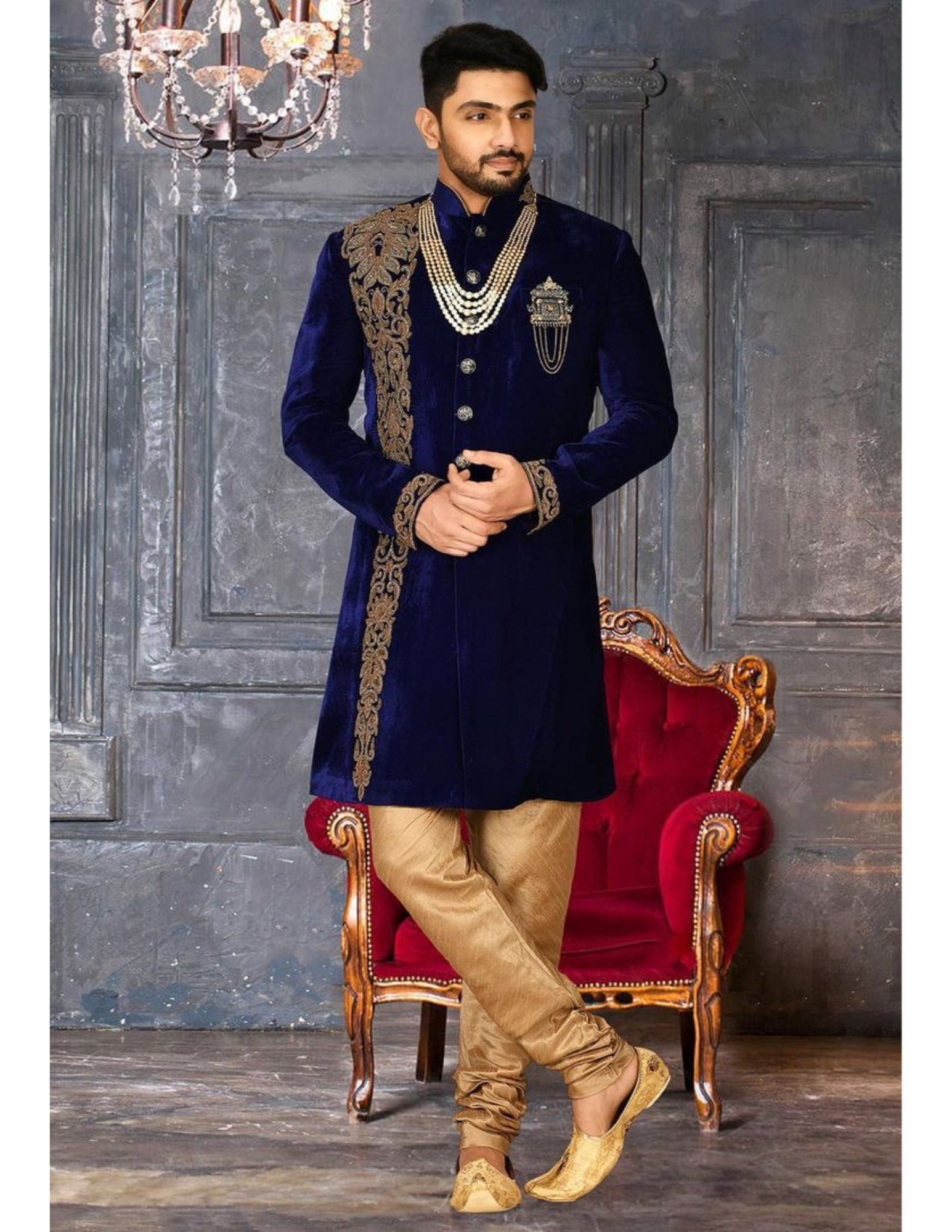 Designer Custom Made Sherwani In Dark Navy Blue