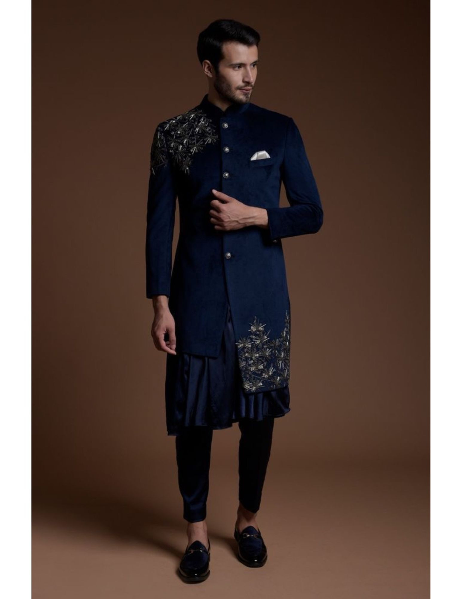 Designer Custom Made Sherwani In Dark Blue