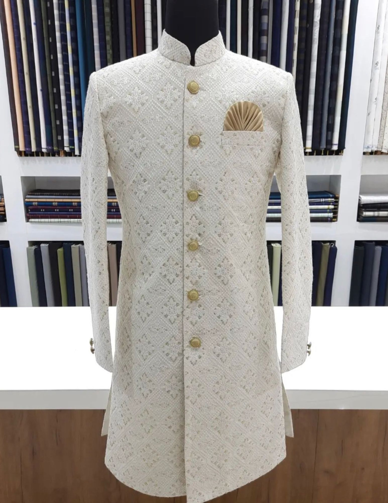 Designer Custom Made Sherwani In White