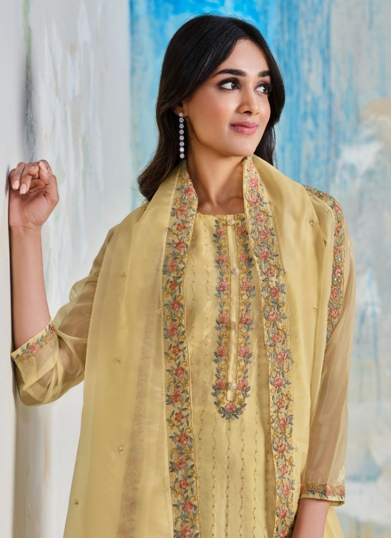 Embroidery Organza Satin Suit Set in Yellow