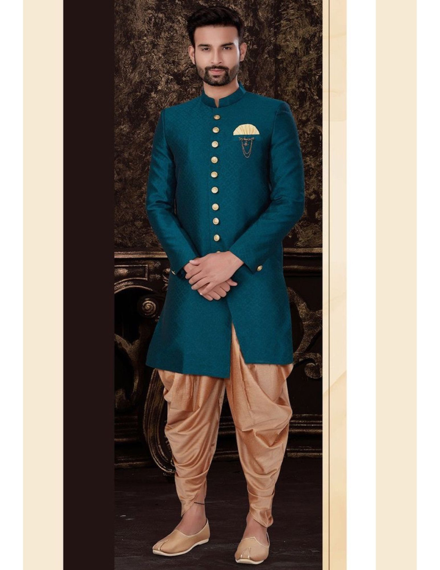 Designer Custom Made Sherwani In Teal Blue