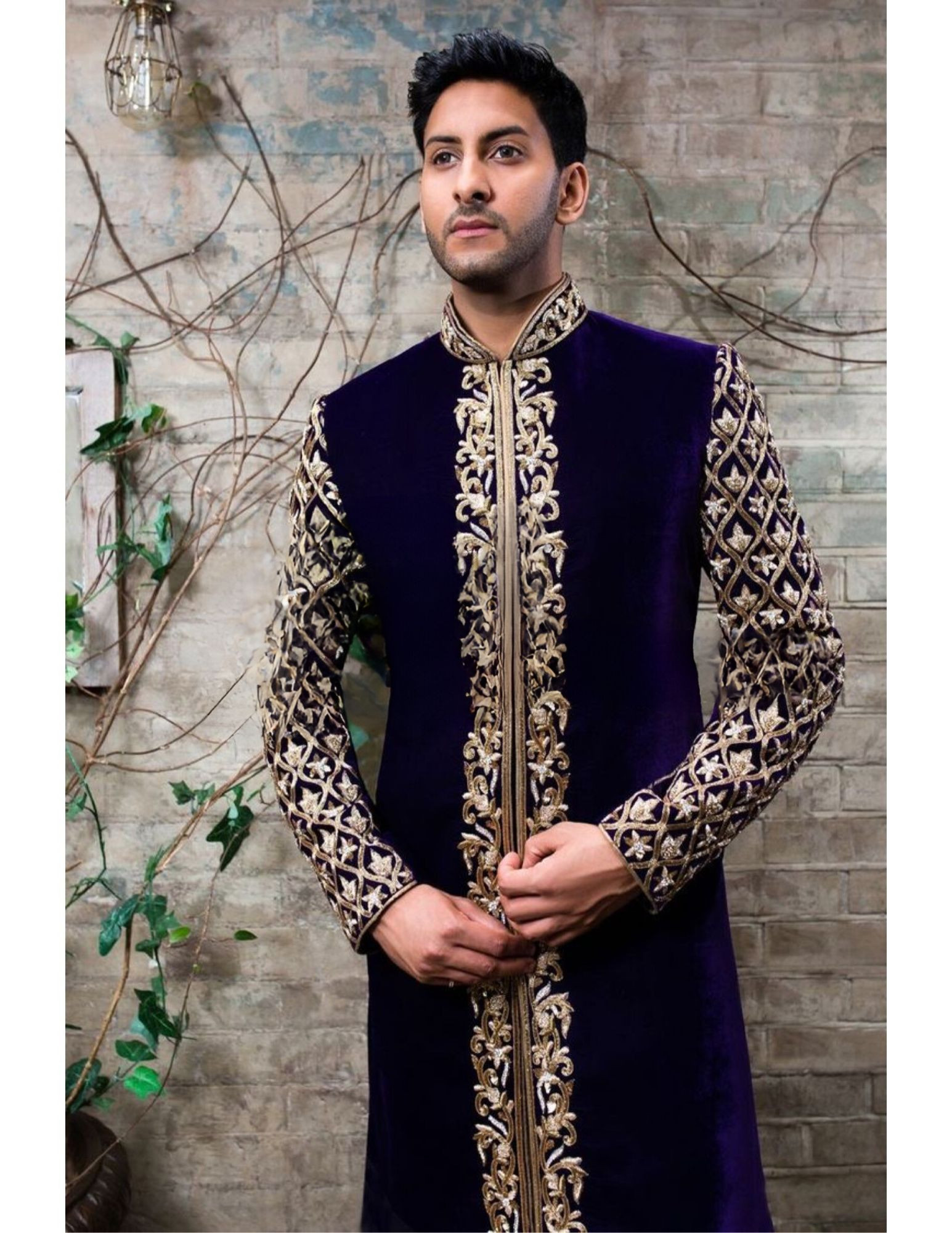 Designer Custom Made Sherwani In Navy Blue With Embroidery