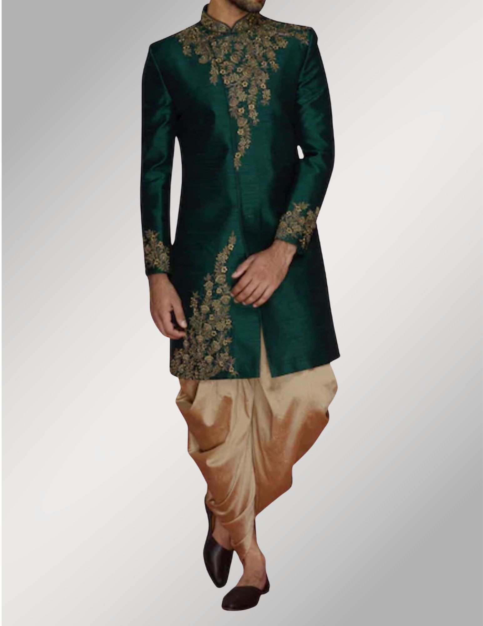 Designer Custom Made Sherwani In Dark Green Golden