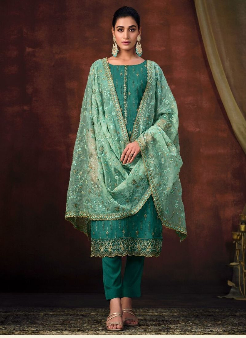Heavy Embroidery Organza Silk Suit Set in Teal