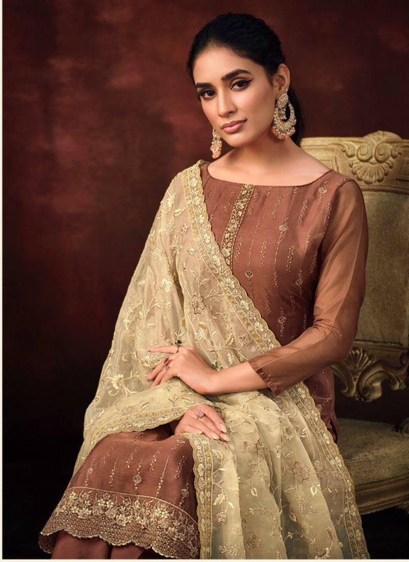 Heavy Embroidery Organza Silk Suit Set in Brown